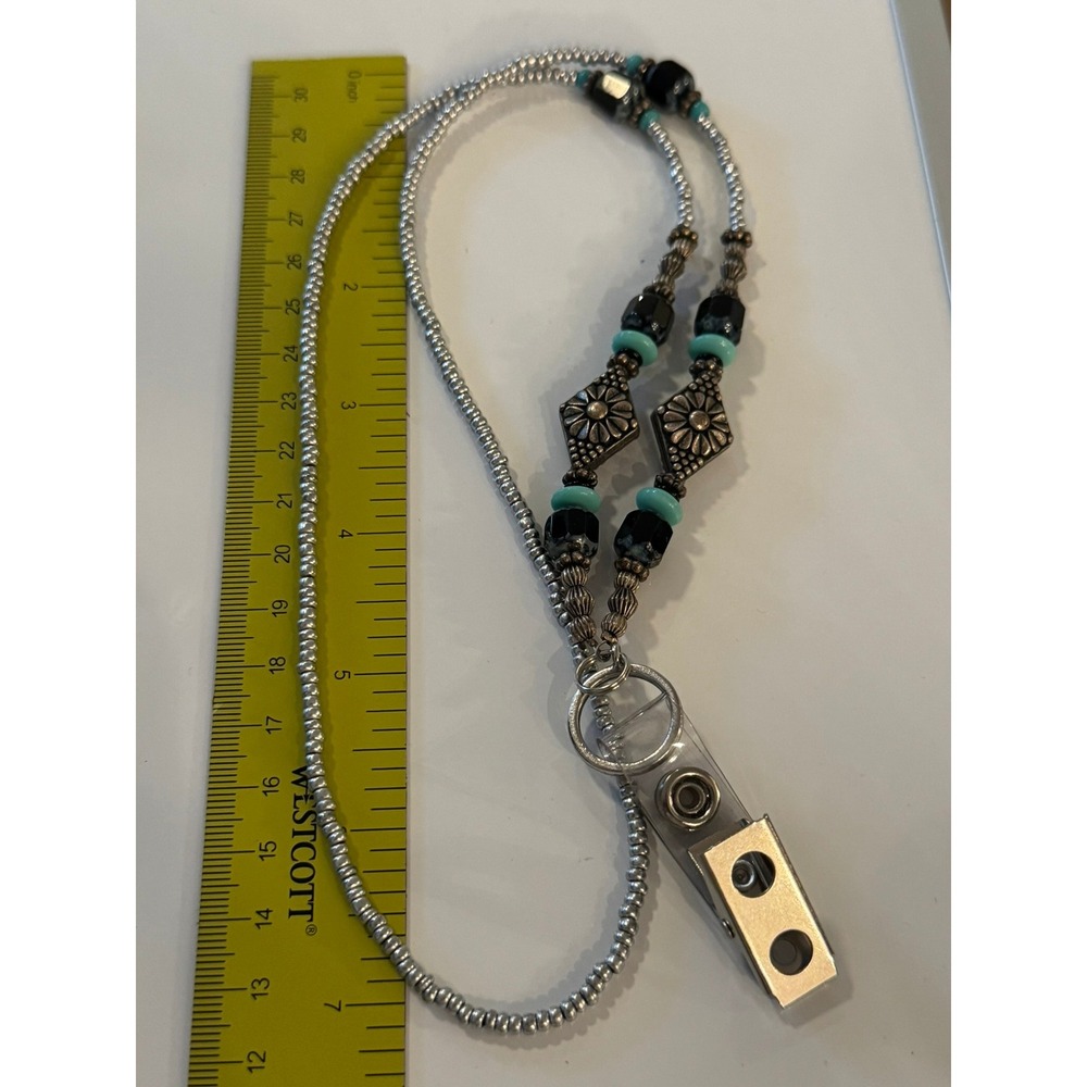 Southwestern Beaded Lanyard ID Badge Holder Silver Turquoise Black‎ Floral Boho